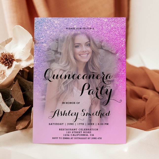 Modern pink glitter ombre photo Quinceañera Invitation (Modern pink glitter ombre photo Quinceañera Invitation)