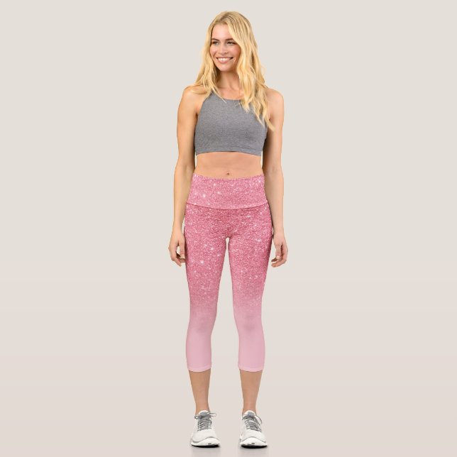 Modern Pink glitter ombre sparkles blush Capri Leggings (Front)