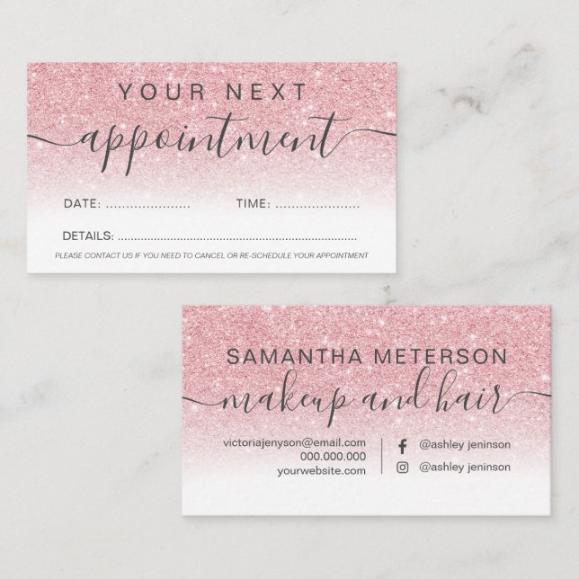 Modern pink glitter ombre white professional appointment card (Front/Back)