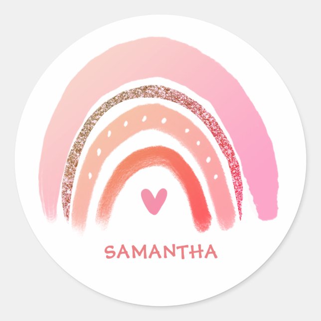 Modern Pink Glitter Personalised Rainbow  Classic Round Sticker (Front)