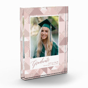 Modern Pink Glitter Script Girl Graduation Photo Block