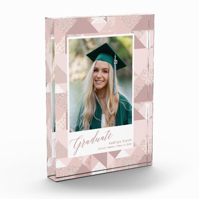 Modern Pink Glitter Script Girl Graduation Photo Block (Left)