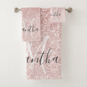 Modern Pink Glitter Sparkles Personalised Name Bath Towel Set