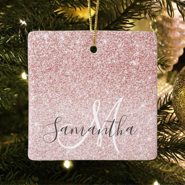 Modern Pink Glitter Sparkles Personalised Name Ceramic Ornament (Creator Uploaded)