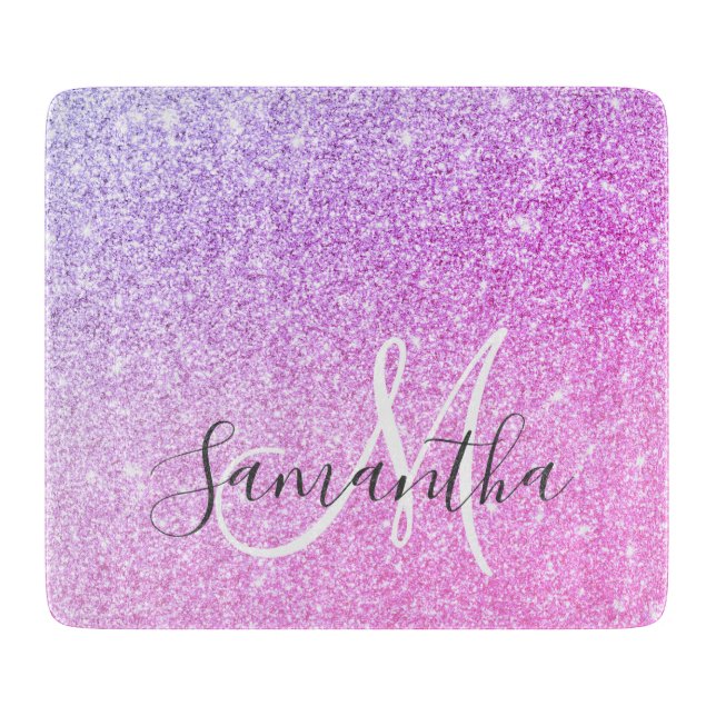 Modern Pink Glitter Sparkles Personalised Name Cutting Board (Front)