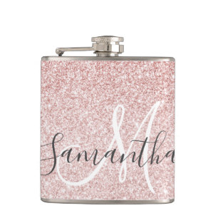 Modern Pink Glitter Sparkles Personalised Name Hip Flask