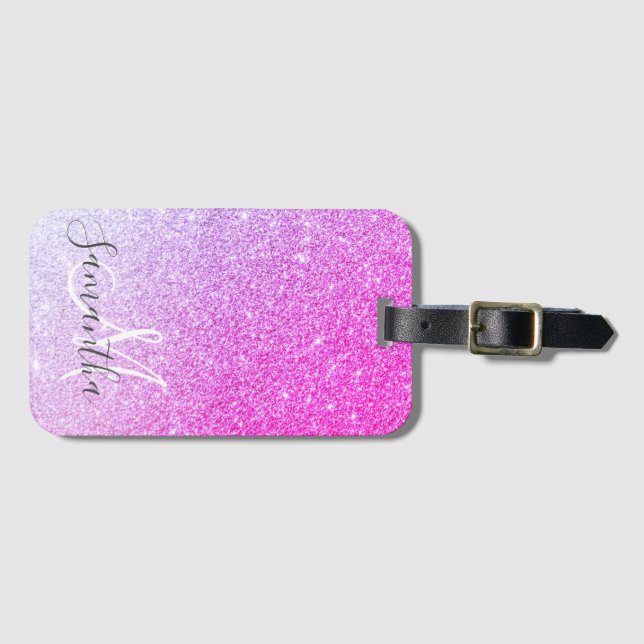 Modern Pink Glitter Sparkles Personalised Name Luggage Tag (Front Horizontal)