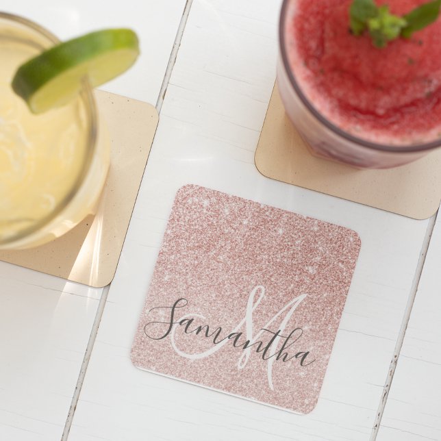 Modern Pink Glitter Sparkles Personalised Name Square Paper Coaster (Creator Uploaded)