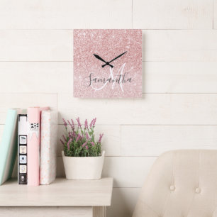 Modern Pink Glitter Sparkles Personalised Name Square Wall Clock