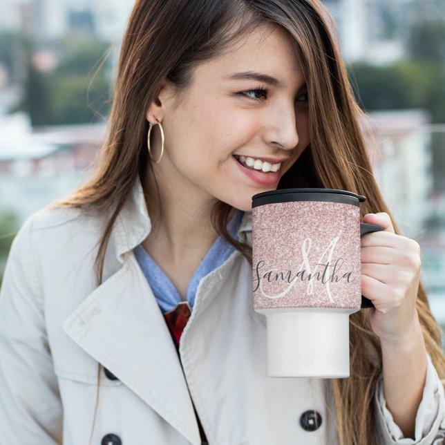 Modern Pink Glitter Sparkles Personalised Name Travel Mug (Creator Uploaded)