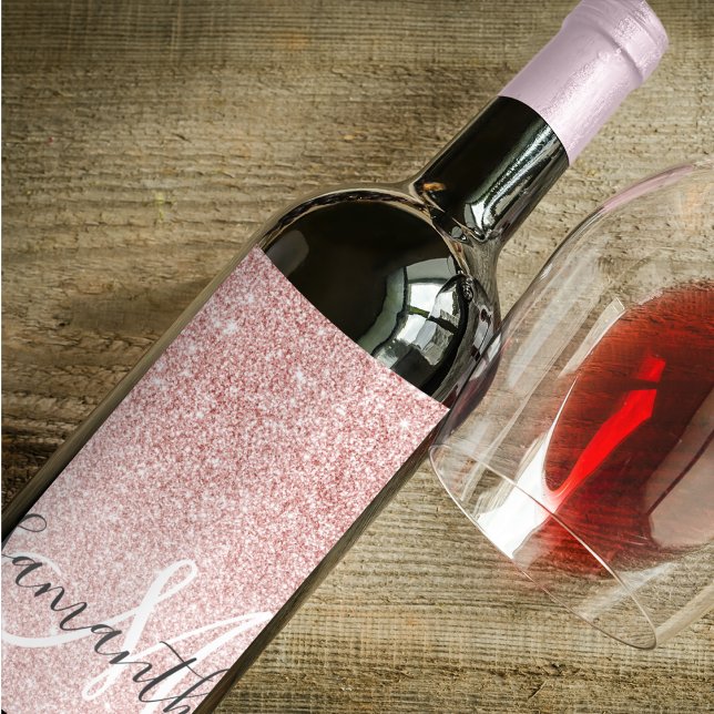 Modern Pink Glitter Sparkles Personalised Name Wine Label (Creator Uploaded)