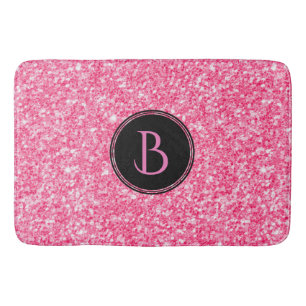 Modern Pink Glitter Texture With Monogram Bath Mat