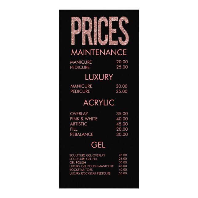 Modern Pink Glitter Typography Salon Menu Cards (Front)