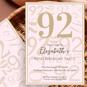 Modern Pink Gold 92nd Birthday Invitation For Her