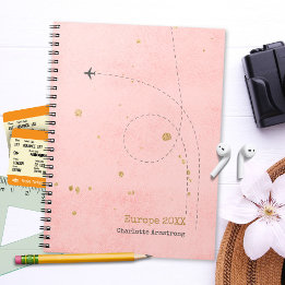 Modern Pink Gold Aeroplane Name Travel Diary Notebook