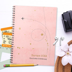 Modern Pink Gold Aeroplane Name Travel Diary Notebook