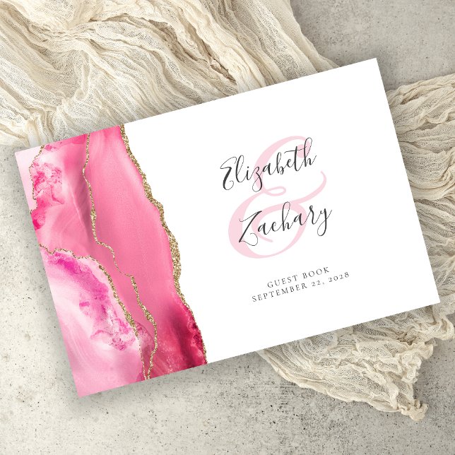 Modern Pink Gold Agate Script Wedding Guest Book (Creator Uploaded)