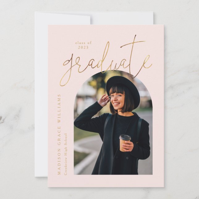 Modern Pink Gold Arch Graduation  Invitation (Front)