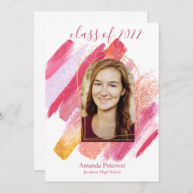 Modern Pink & Gold Arched Graduation Announcement (Front/Back)