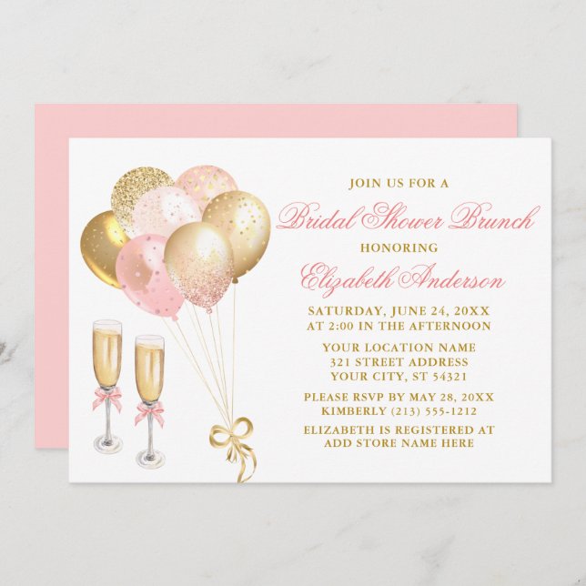 Modern Pink Gold Balloons Bridal Shower Brunch Invitation (Front/Back)