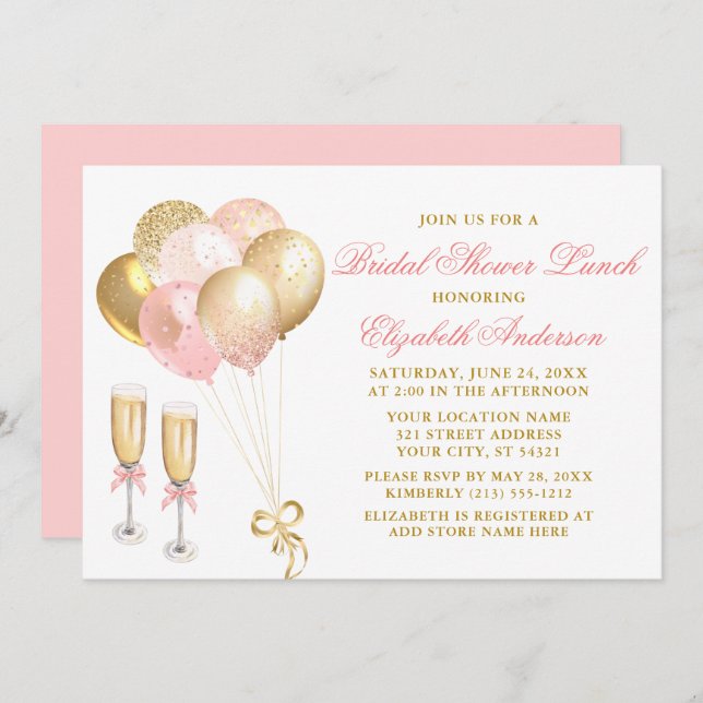 Modern Pink Gold Balloons Bridal Shower Lunch Invitation (Front/Back)