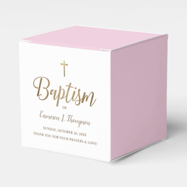 Modern Pink & Gold Baptism with Cross Personalized Favour Box (Front Side)