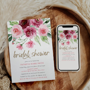Modern Pink Gold Burgundy Floral Bridal Shower Invitation