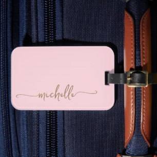 Modern Pink Gold Calligraphy Script Monogram Name Luggage Tag