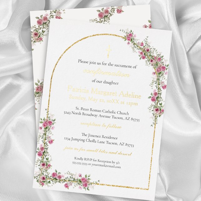 Modern Pink Gold Cross & Arch Confirmation (Elegant Gold Foil and Rose Floral Greenery Arch for Confirmation for Religious Ceremony)