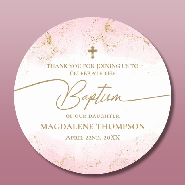Modern Pink Gold Cross Girl Baptism Classic Round Sticker (Creator Uploaded)