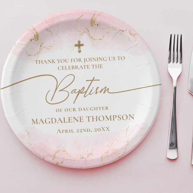 Modern Pink Gold Cross Girl Baptism Paper Plate (Creator Uploaded)