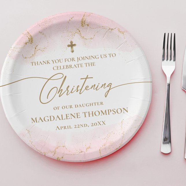 Modern Pink Gold Cross Girl Christening Paper Plate (Creator Uploaded)