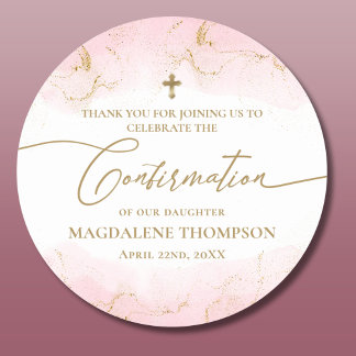 Modern Pink Gold Cross Girl Confirmation Classic Round Sticker