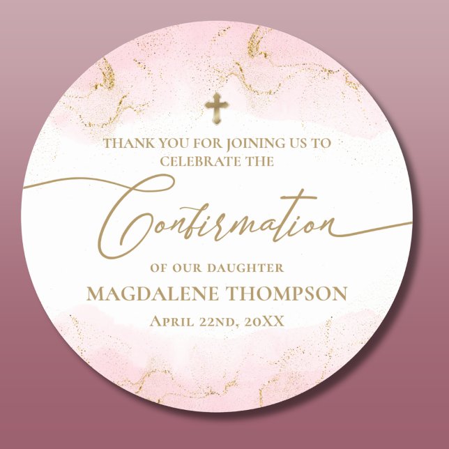 Modern Pink Gold Cross Girl Confirmation Classic Round Sticker (Creator Uploaded)