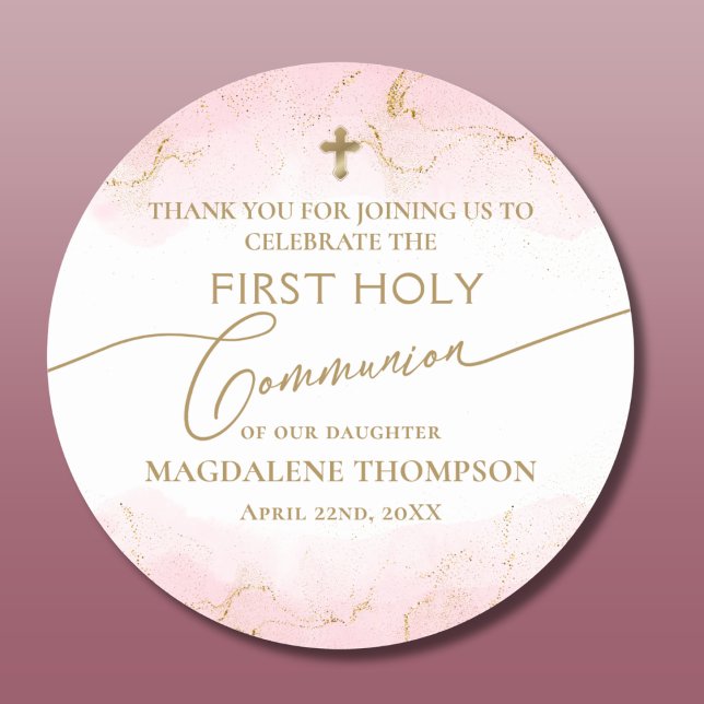 Modern Pink Gold Cross Girl First Holy Communion Classic Round Sticker (Creator Uploaded)