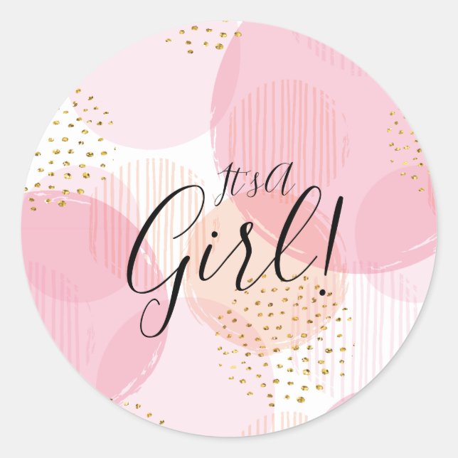 Modern Pink Gold Dots  It' a GIRL Favour Sticker (Front)