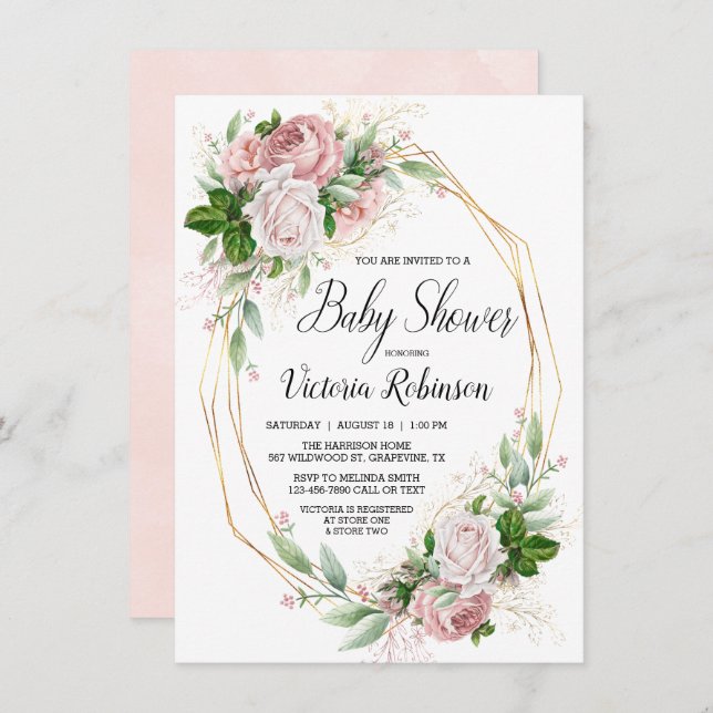 Modern Pink Gold Elegant Floral Baby Shower Invitation (Front/Back)