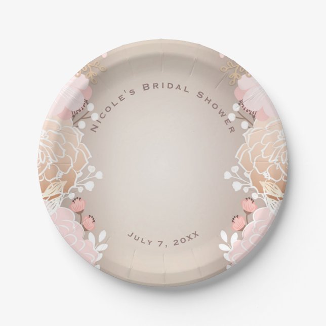 Modern Pink & Gold Floral Bridal Shower Any Event Paper Plate (Front)