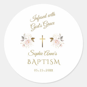 Modern Pink Gold Floral Calligraphy Girl Baptism Classic Round Sticker