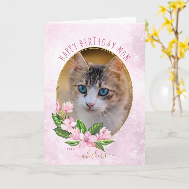 Modern Pink Gold Floral Wreath Cat Photo Birthday Card (Yellow Flower)
