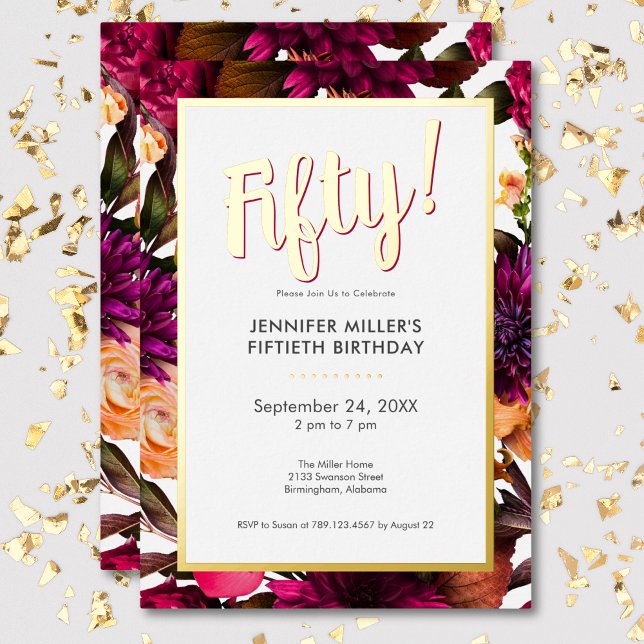 Modern Pink & Gold Foil Floral 50th Birthday (Modern Pink & Gold Foil Floral 50th Birthday Foil Invitation)