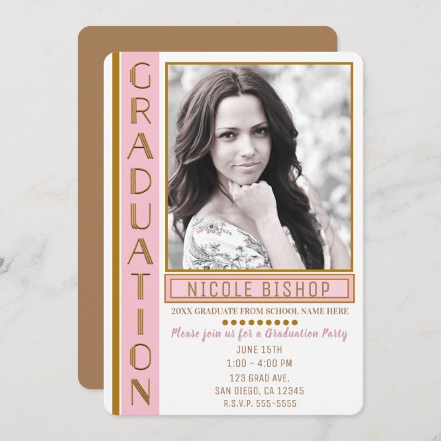 Modern Pink Gold Graduation Party Graduate Photo Invitation (Front/Back)
