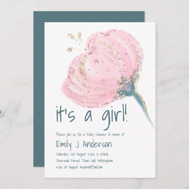Modern Pink Gold Its a girl BabyShower Handwritten Invitation (Front/Back)