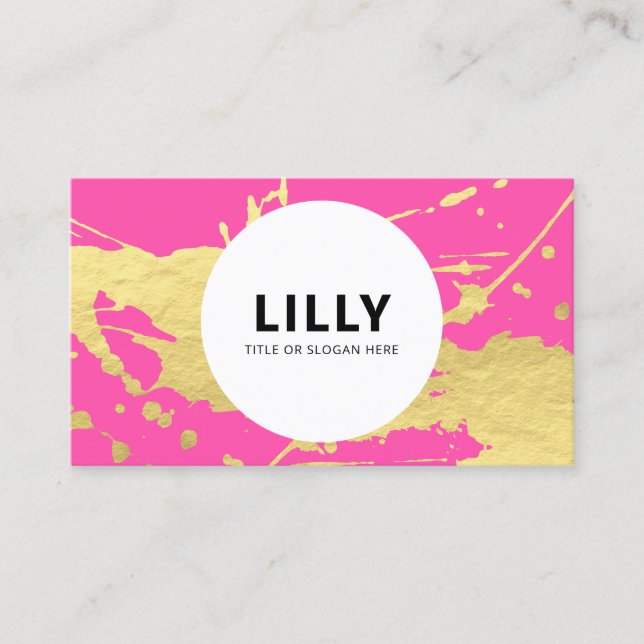 Modern  Pink Gold Paint Splatter Splash Business Card (Front)