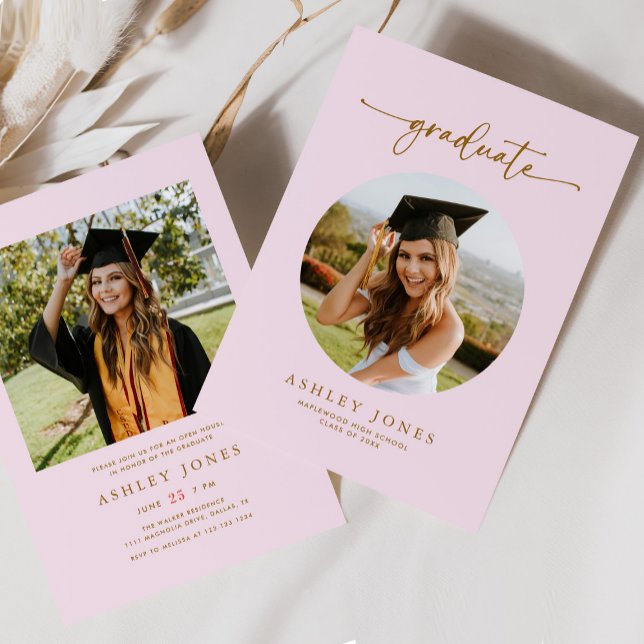 Modern Pink & Gold Photo Girl Graduation Invitation (Creator Uploaded)