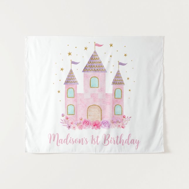 Modern Pink Gold Princess Castle Birthday Tapestry (Front (Horizontal))