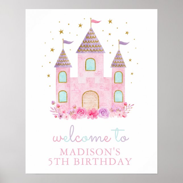 Modern Pink Gold Princess Castle Birthday Welcome Poster (Front)