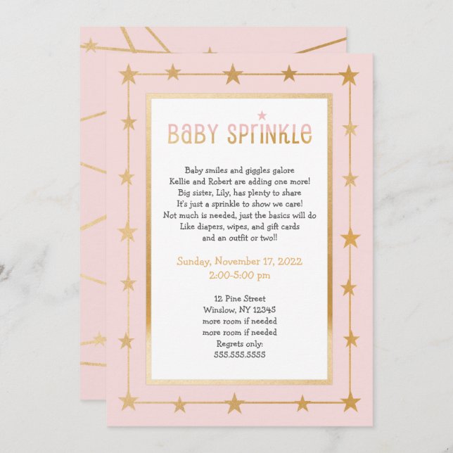 Modern Pink Gold Stars girl baby sprinkle invite (Front/Back)
