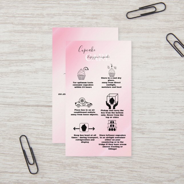 Modern Pink Gold Watercolor Cupcake Care  Business Card (Front/Back In Situ)