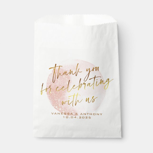 Modern Pink Gold Watercolor Shape Wedding  Favour Bag (Front)